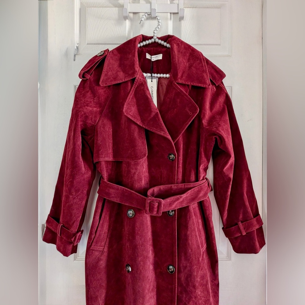 Commense Belted Double-Breasted Suede Effect Long Trench Coat - Picture 11 of 16